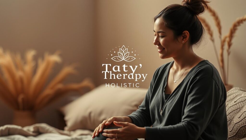 A serene and nurturing scene of professional mental health support. In the foreground, a therapist with a warm, empathetic expression guides a client through a holistic counseling session, their auras intertwined in a soft, soothing light. The middle ground features the "Taty' Therapy Holistic" logo, conveying a sense of trusted, specialized care. In the background, a tranquil, nature-inspired setting with earthy tones and gentle, flowing elements, creating a calming, restorative atmosphere. The overall mood is one of compassion, safety, and the transformative power of professional guidance for emotional well-being. A serene and nurturing scene of professional mental health support. In the foreground, a therapist with a warm, empathetic expression guides a client through a holistic counseling session, their auras intertwined in a soft, soothing light. The middle ground features the "Taty' Therapy Holistic" logo, conveying a sense of trusted, specialized care. In the background, a tranquil, nature-inspired setting with earthy tones and gentle, flowing elements, creating a calming, restorative atmosphere. The overall mood is one of compassion, safety, and the transformative power of professional guidance for emotional well-being.